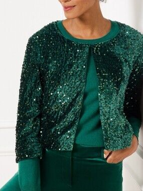 Talbots Emerald Green Sequined Cropped Jacket Size M